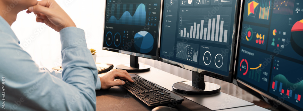 Poster analyst working on data analysis or bi dashboard on computer monitor. businessman analyzing financia