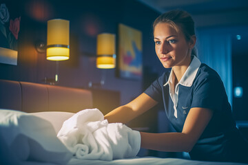 A woman in a maid uniform at work, cleaning a hotel room - obrazy, fototapety, plakaty