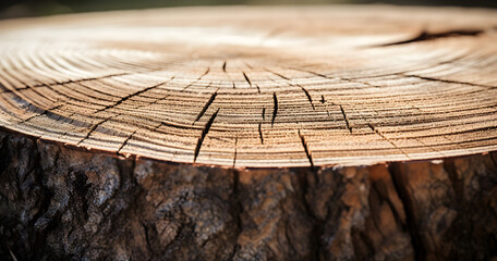 Detailed close-up of tree rings on a cross-section of a tree trunk, showcasing the natural patterns...