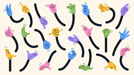 Mascot colorful arm collection. Vector set of different hands. Cartoon elements of old 1920 to 1950 design style. Creator for mascot characters of vintage poster.
