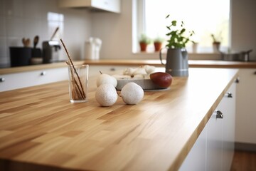 Scandinavian kitchen counter with blurred wooden tabletop. Generative AI