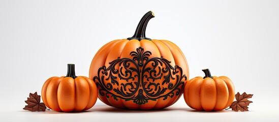 A pumpkin specially adorned set apart on a blank background