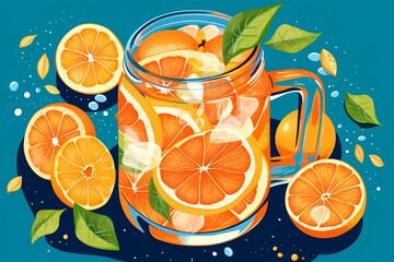 Illustration of citrus drink with sliced oranges. Generative AI - obrazy, fototapety, plakaty