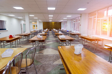 Chairs and tables. The dining hall in school is quarantined, isolation.