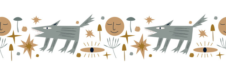 Vector seamless bordure Mystical wolf moon stars plants on a white background