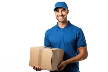 A friendly smiling man in a postman's uniform with a parcel. Mail, delivery, parcel.
