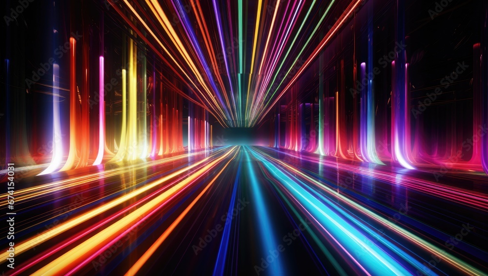 Poster colorful light streaks running through a dark scene generative ai