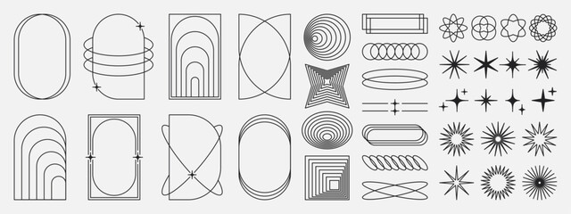 Minimalistic linear frames, arches, elements, stars, geometric shapes and lines. Aesthetic arched frames for poster design, vector set in modern style. - obrazy, fototapety, plakaty