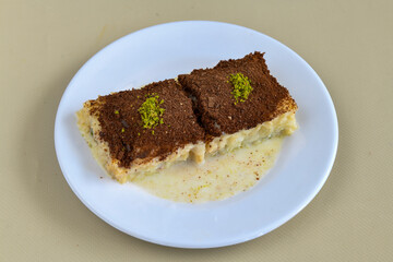 Turkish Dessert Sobiyet  Baklava, mussels baklava and classic baklava with Pistachio . Cevizli, Fistikli Baklava, top view.