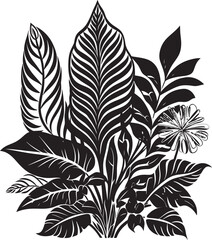 Exquisite Island Art Floral Design in Black Vector Botanical Paradise Black Logo with Tropical Florals