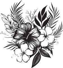 Exquisite Island Art Floral Design in Black Vector Botanical Paradise Black Logo with Tropical Florals