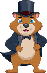 cute groundhog in elegant suit and hat cartoon