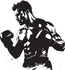 Iconic Strength Black Logo with Boxing Man Mighty Fighter Black Boxing Man Logo Vector Icon