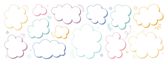 Set of hand-drawn speech bubbles. Colored vector chat speech or dialogue. There are icons such as arrows, dots, and sparkles