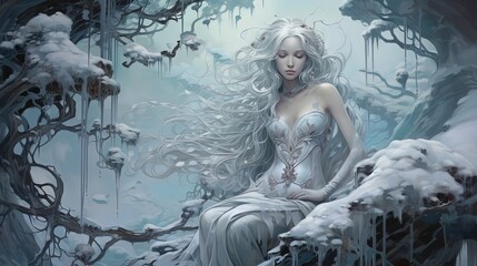 beautiful winter goddess wearing white gown dress in winter forest, anime character design illustration, Generative Ai - obrazy, fototapety, plakaty