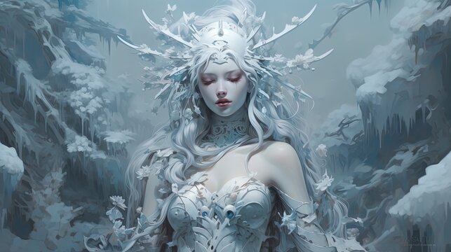 Beautiful Winter Goddess Wearing White Gown Dress In Winter Forest, Anime Character Design Illustration, Generative Ai