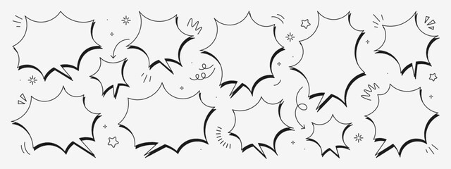 Naklejka premium Vector chat speech or dialogue. Set of hand-drawn speech bubbles. There are icons such as arrows, dots, and sparkles.