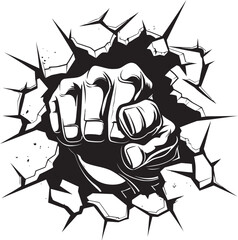 Black and Bold Cartoon Fist Breaking Wall Vector Iconic Force Cartoon Fist through Cracked Wall