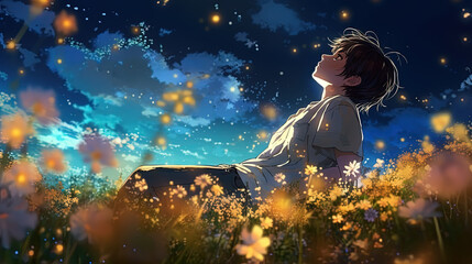 a young man sitting on flower field looking at starry night sky, anime illustration, Generative Ai