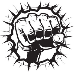 Mighty Momentum Vector Icon in Black Epic Black Logo Cartoon Punching Fist through Cracked Wall