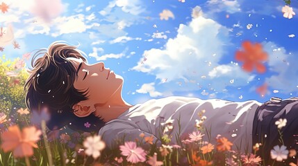 young man sleeping on flower field under sunny blue sky, anime cartoon illustration, Generative Ai