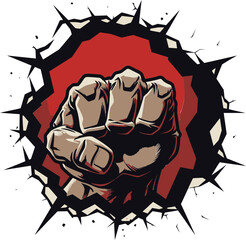 Vector Artistry Unveiled Fist through Cracked Wall Powerful Breakthrough Black Fist and Wall Icon in Vector