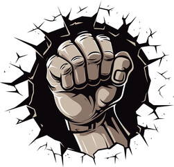 Powerful Breakthrough Black Fist and Wall Icon in Vector Epic Cartoon Art Punching Fist and Broken Wall