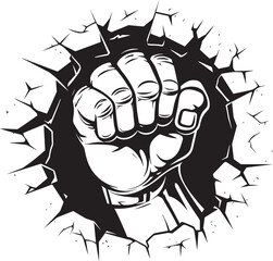 Epic Cartoon Art Punching Fist and Broken Wall Iconic Force Unleashed Black Emblem Design