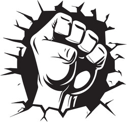 Epic Black Logo Cartoon Punching Fist through Cracked Wall Vector Punch Fist Breaking Through the Wall Icon