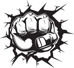 Impactful Power Black Logo Design with Fist and Wall Black and Bold Cartoon Fist Breaking Wall Vector
