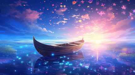a wooden row boat at peaceful lake at dawn, with sunlight glow from horizon, anime cartoon backdrop, Generative Ai - obrazy, fototapety, plakaty