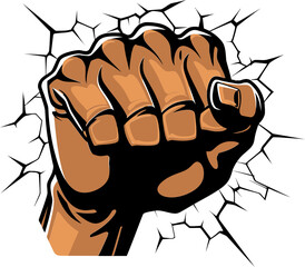 Mighty Impact Black Fist and Wall Logo Vector Icon Punching Through Cartoon Fist and Cracked Wall Emblem
