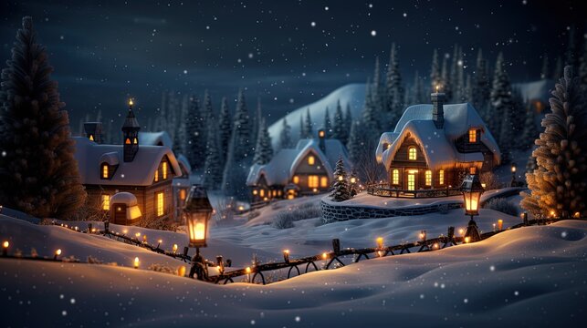 winter season scene during Christmas and new year time in rural countryside valley village with gradient twilight sky, Generative Ai