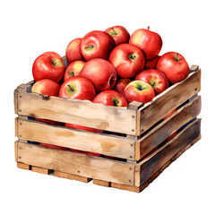 Watercolor Wooden Crate Of Fresh Apples Clipart Illustration