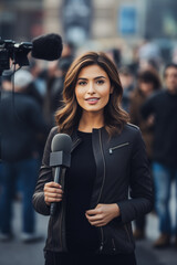 woman public speaker giving speech or breaking news reporter covering live event for news media and television press headlines standing in the middle of the street holding microphone - obrazy, fototapety, plakaty