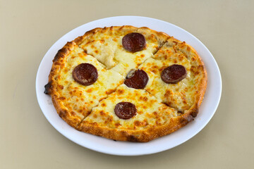 Delicious mixed pizza with rich content. Menu concept of choice and diversity. Pepperoni, Formaggi, Veggie, Karisik pizza