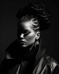 Black and white image of a beautiful African American woman. Fashion and beauty.