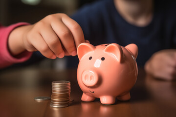 savings, mortgage, value of money. effort. close-up of a child putting coins into his beautiful piggy bank in the shape of a pink pig. economy concept, save