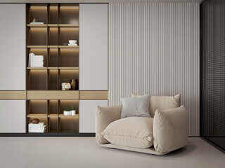 Big armchair in an office with shelf on the wall.3d rendering