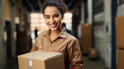 Friendly smiling woman in a postman's uniform with a parcel. Mail, delivery, parcel.