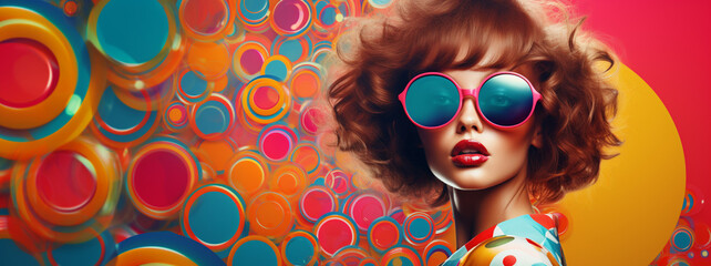 Fashion retro futuristic girl on background with circle pop art background. Woman in sunglasses in...