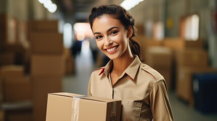 Friendly smiling woman in a postman's uniform with a parcel. Mail, delivery, parcel.