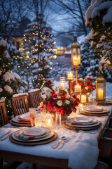 Fototapeta na wymiar Christmas outdoor dinner table setting in the snow with candles and lights at night, vertical, winter holiday season, tablescape