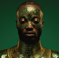 African American man on a green background wearing a gold mask.