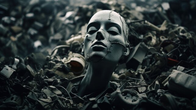 A woman's head is surrounded by a pile of trash, AI