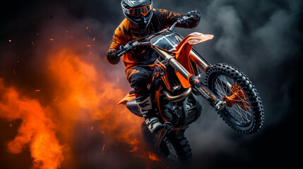 Supercross motocross motorcycle biker jumping on fire flames