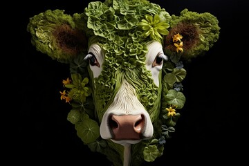 An image of a cow created from plants, representing vegetarianism, veganism, and raw food. Generative AI