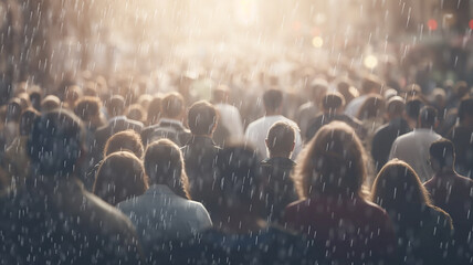 rain in the city, raindrops on the background of a stream of people, a crowd of people on a city street, abstract urban background rainy weather - obrazy, fototapety, plakaty