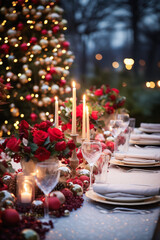 Christmas outdoor dinner table setting with decorated tree, red flowers and candles at night, vertical, winter holiday season, tablescape
