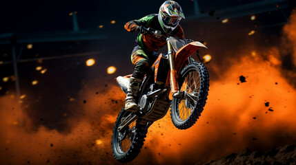 Supercross motocross motorcycle biker jumping on fire flames